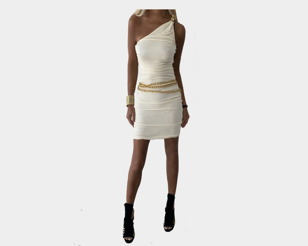 4.5 Blanc Cassé Gold Link One Shoulder Grecian Dress - The Cap D’Antibes