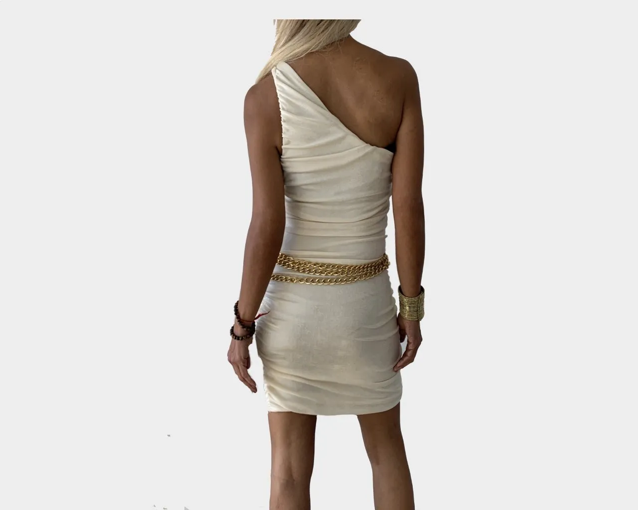 4.5 Blanc Cassé Gold Link One Shoulder Grecian Dress - The Cap D’Antibes