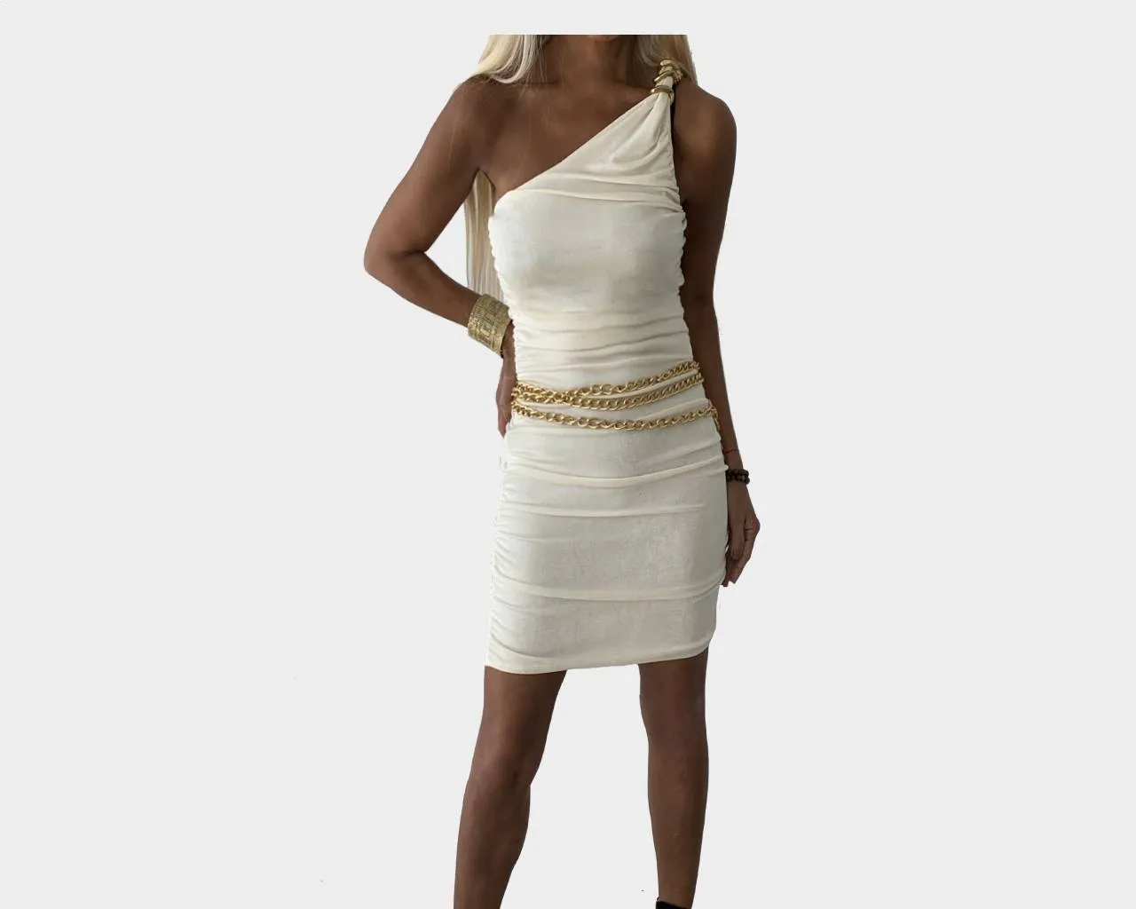 4.5 Blanc Cassé Gold Link One Shoulder Grecian Dress - The Cap D’Antibes