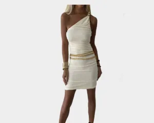 4.5 Blanc Cassé Gold Link One Shoulder Grecian Dress - The Cap D’Antibes