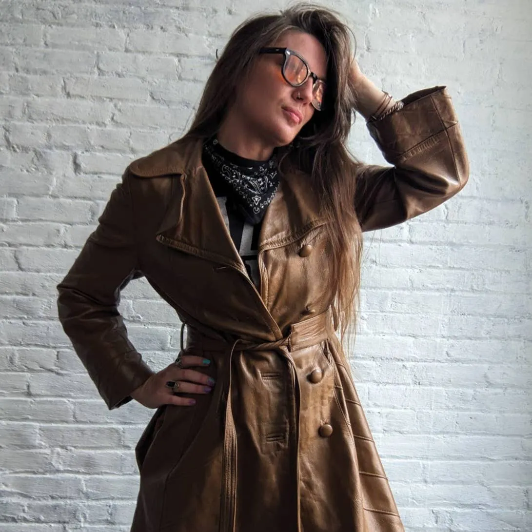 70s Vintage Groovy Tan Leather Belted Duster Chic Caramel Trench Coat Jacket