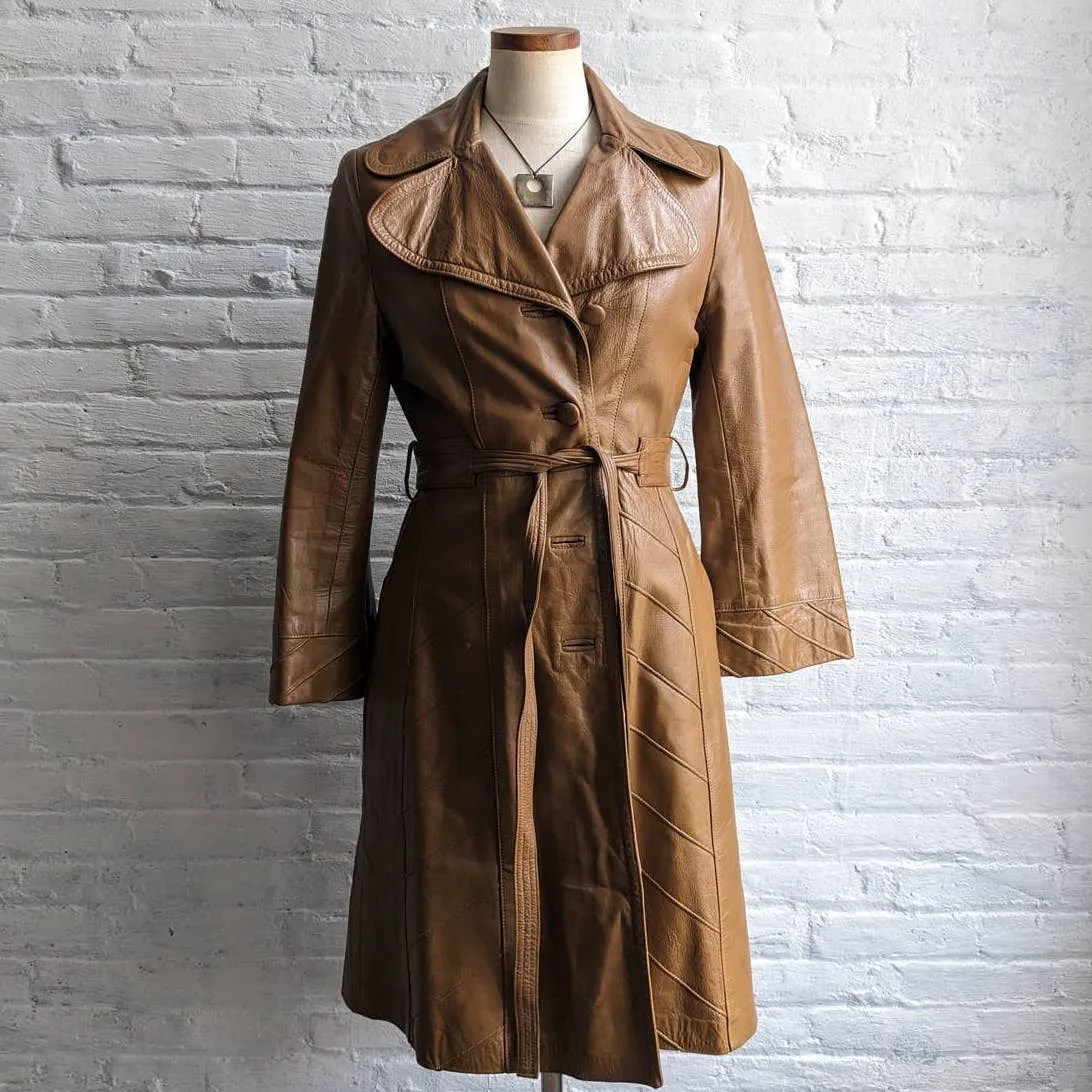 70s Vintage Groovy Tan Leather Belted Duster Chic Caramel Trench Coat Jacket