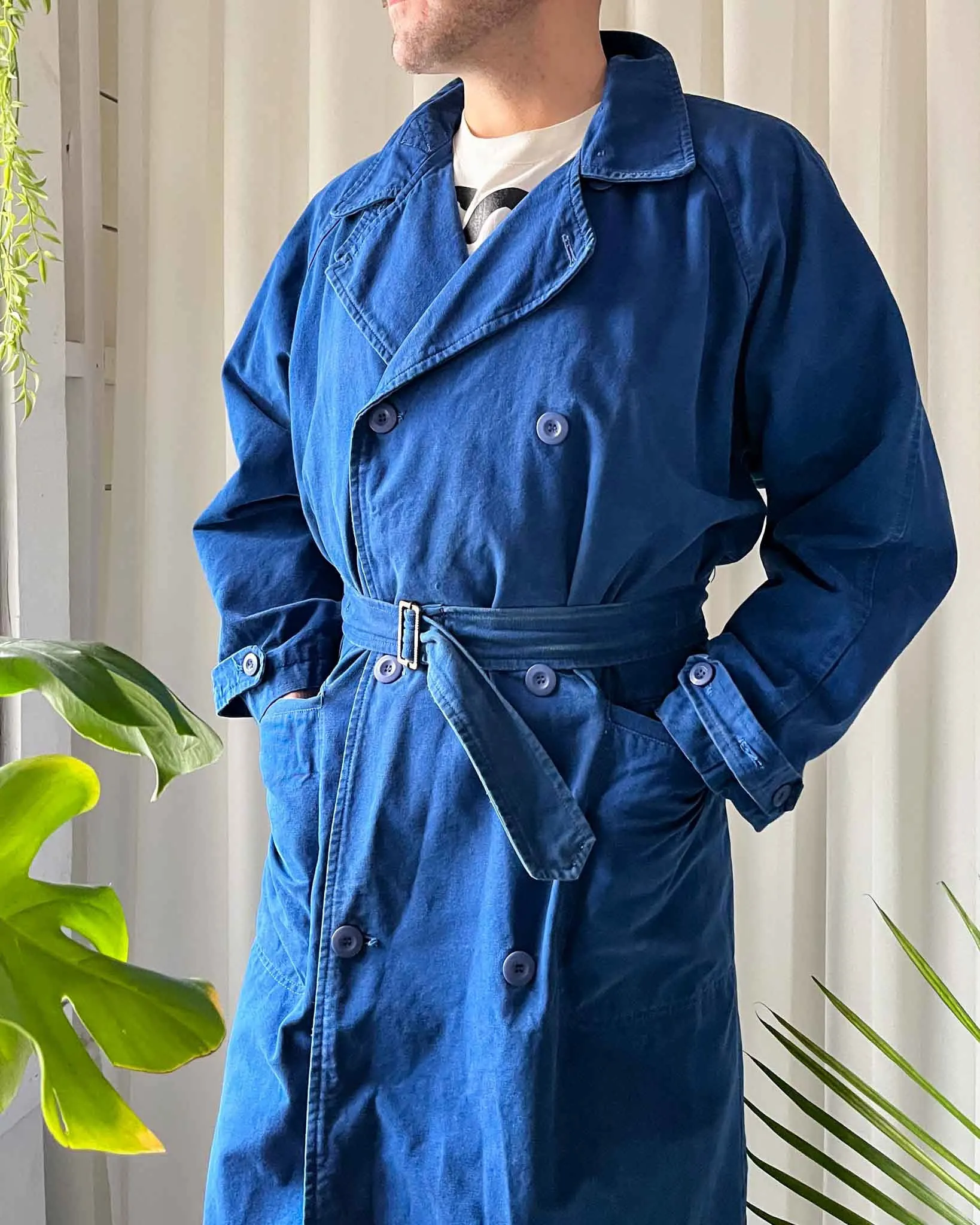 80s Bright Blue Belted Trench | L-XL