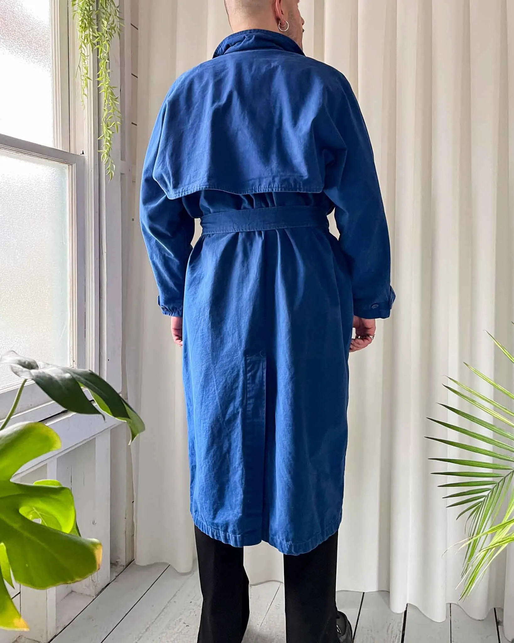 80s Bright Blue Belted Trench | L-XL