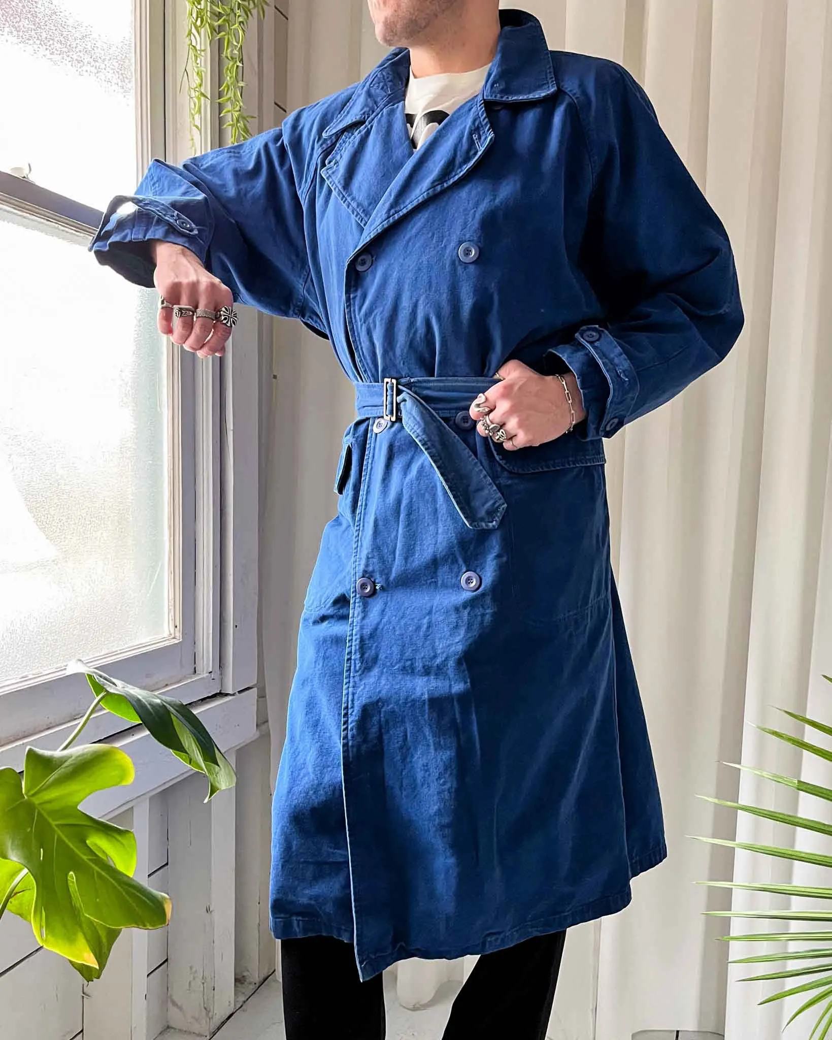 80s Bright Blue Belted Trench | L-XL