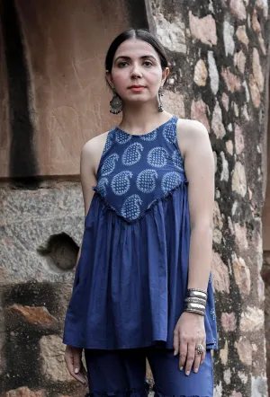 Adhira Indigo Paisley & Buti Printed Yoke Gathered Tiered Short Kurti