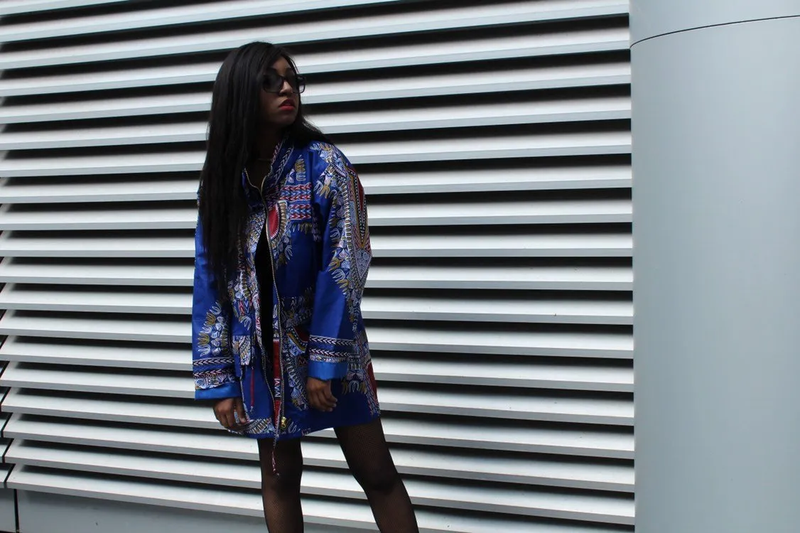 African Peacoat in Bue Dashiki