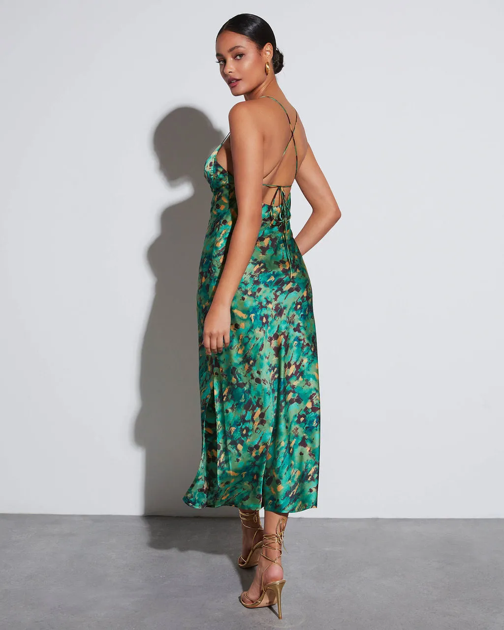 Aiko Printed Satin Slip Midi Dress