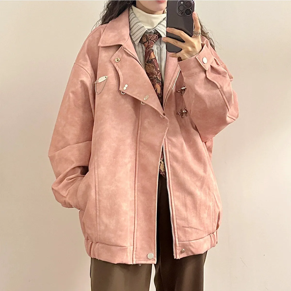 American Retro Metal Buckle Lapel Maillard Trench Coat PU Leather Jacket Design Sense Coat