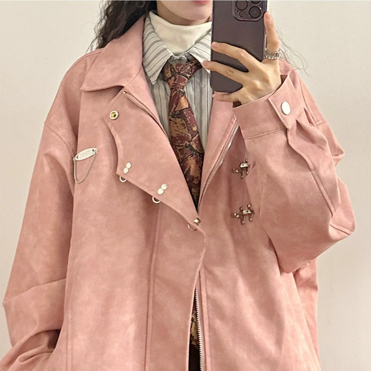 American Retro Metal Buckle Lapel Maillard Trench Coat PU Leather Jacket Design Sense Coat