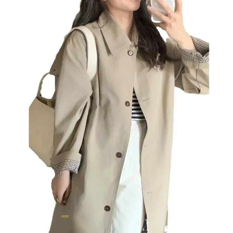 Amozae-2024 New Women's Jacket Early Autumn Chic Kaki Petite Korean English Style Medium-length Trench Coat Fashion Outerwear