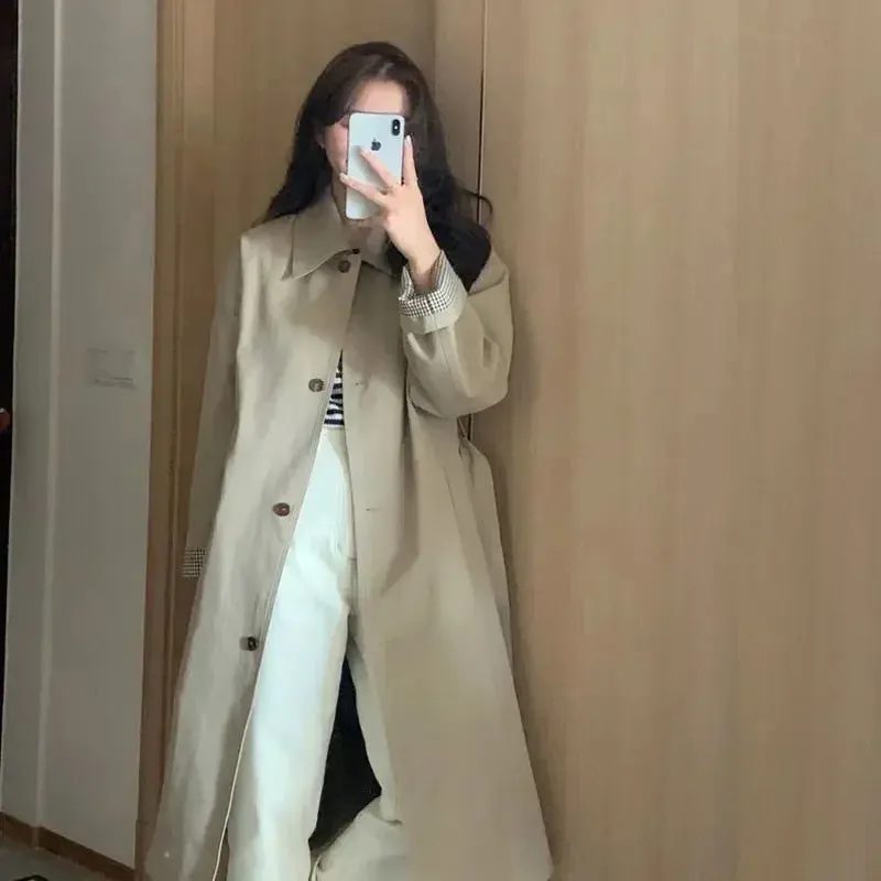 Amozae-2024 New Women's Jacket Early Autumn Chic Kaki Petite Korean English Style Medium-length Trench Coat Fashion Outerwear