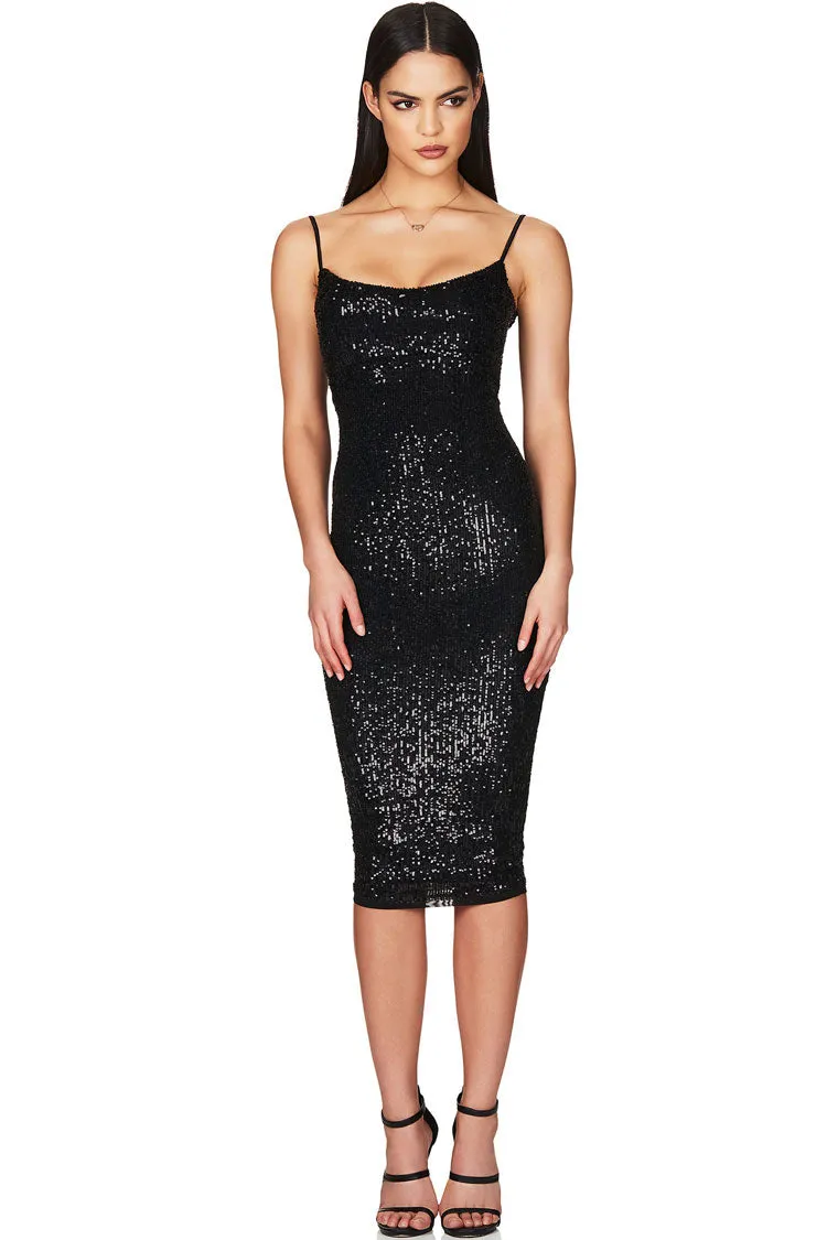 Amozae-Sparkly Sequin Scoop Neck Spaghetti Strap Cocktail Party Midi Dress - Black