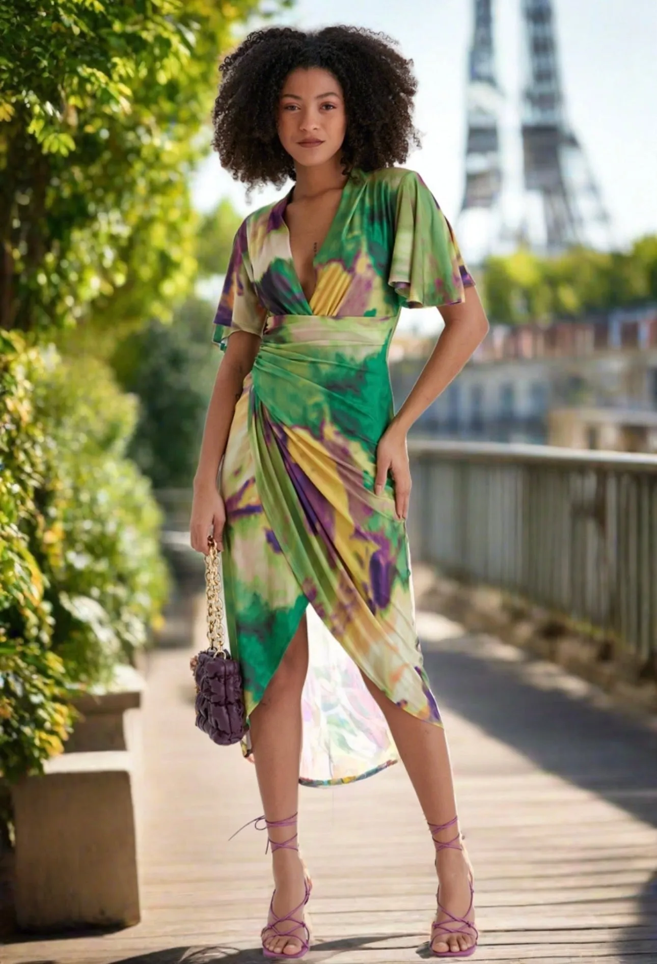 Angel sleeve satin twist midi dress in green tie dye print