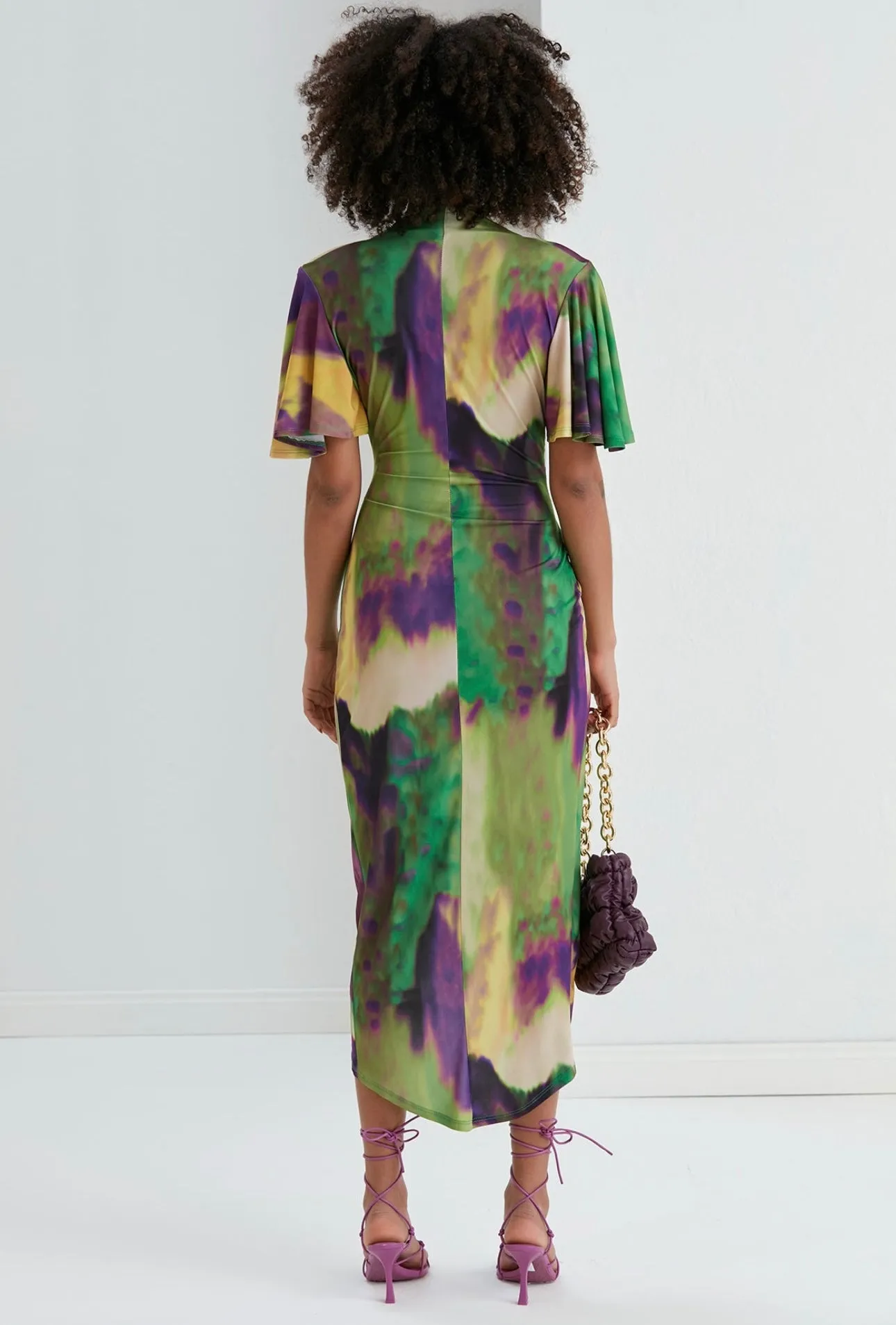 Angel sleeve satin twist midi dress in green tie dye print