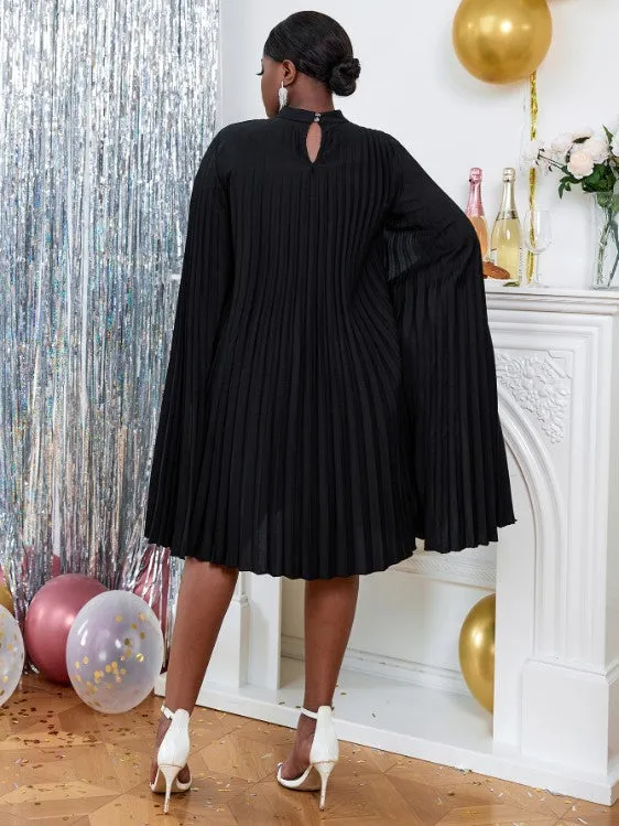 AOMEIDRESS Cloak Sleeves Stand Collar Loose Pleated Party Dress