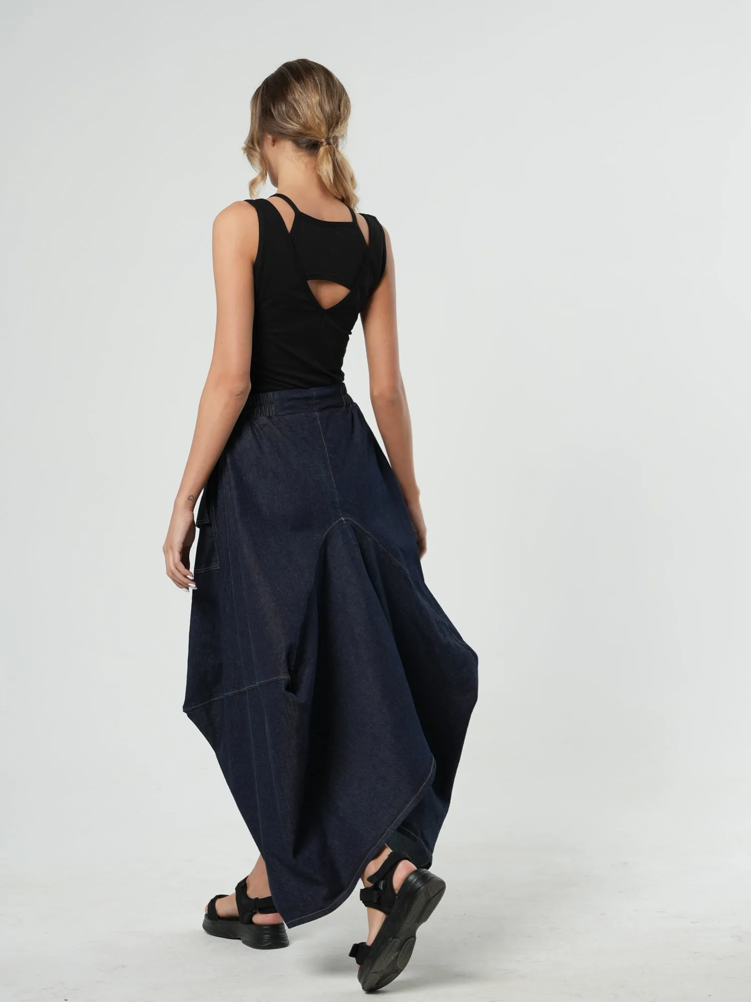 Asymmetrical Long Dark Denim Skirt