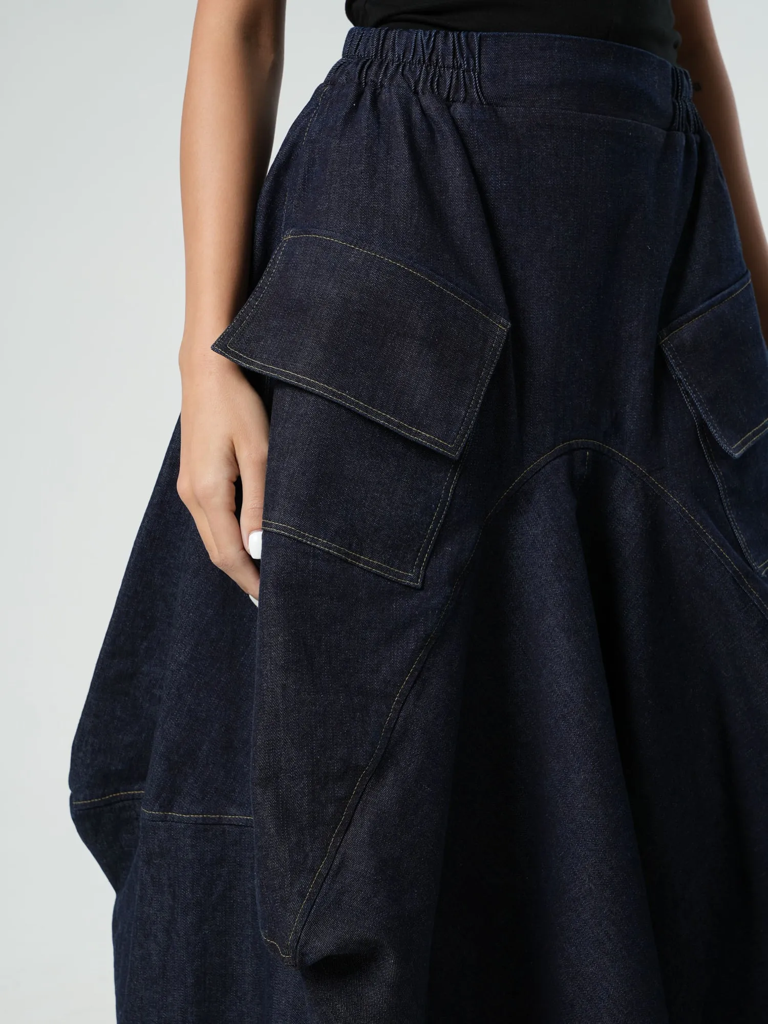 Asymmetrical Long Dark Denim Skirt