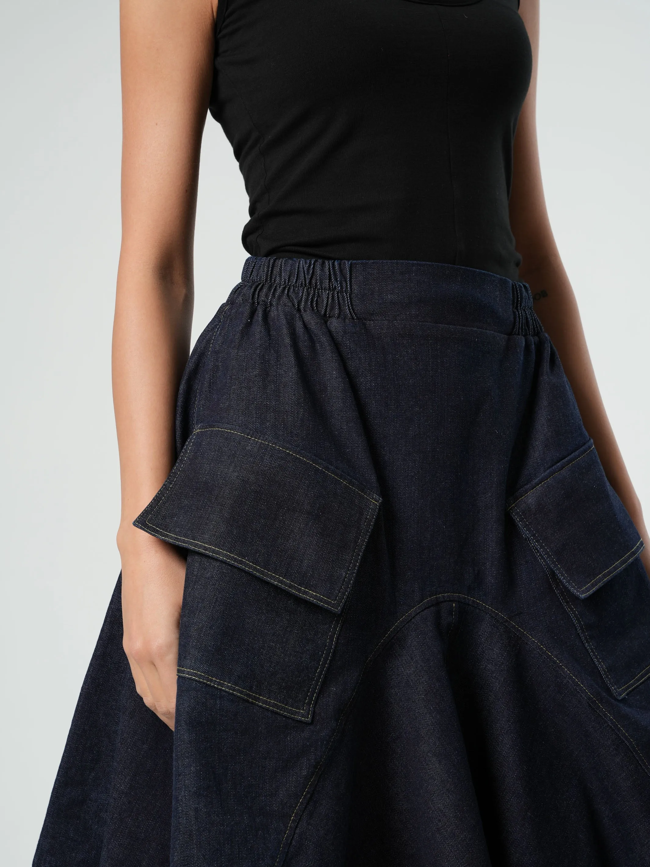 Asymmetrical Long Dark Denim Skirt