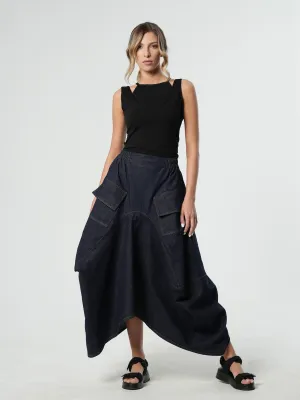 Asymmetrical Long Dark Denim Skirt