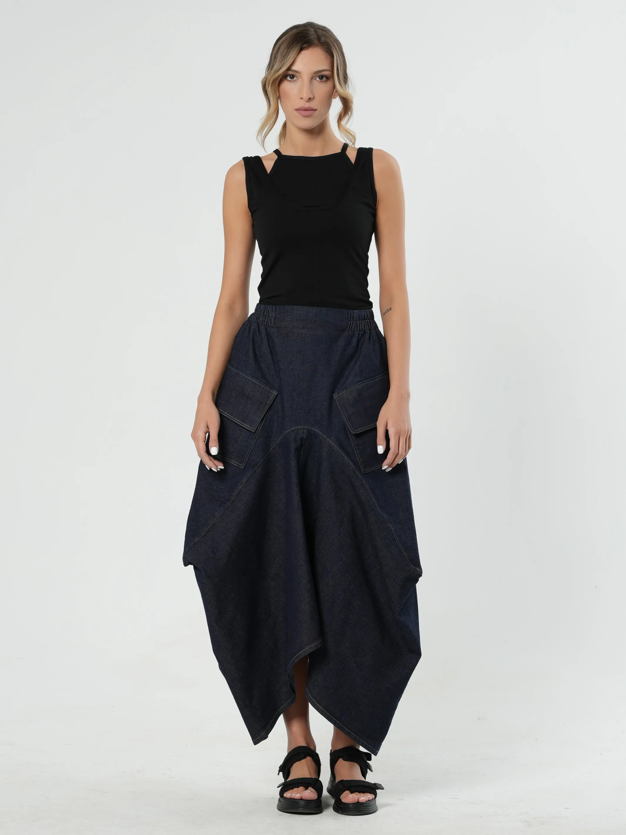 Asymmetrical Long Dark Denim Skirt