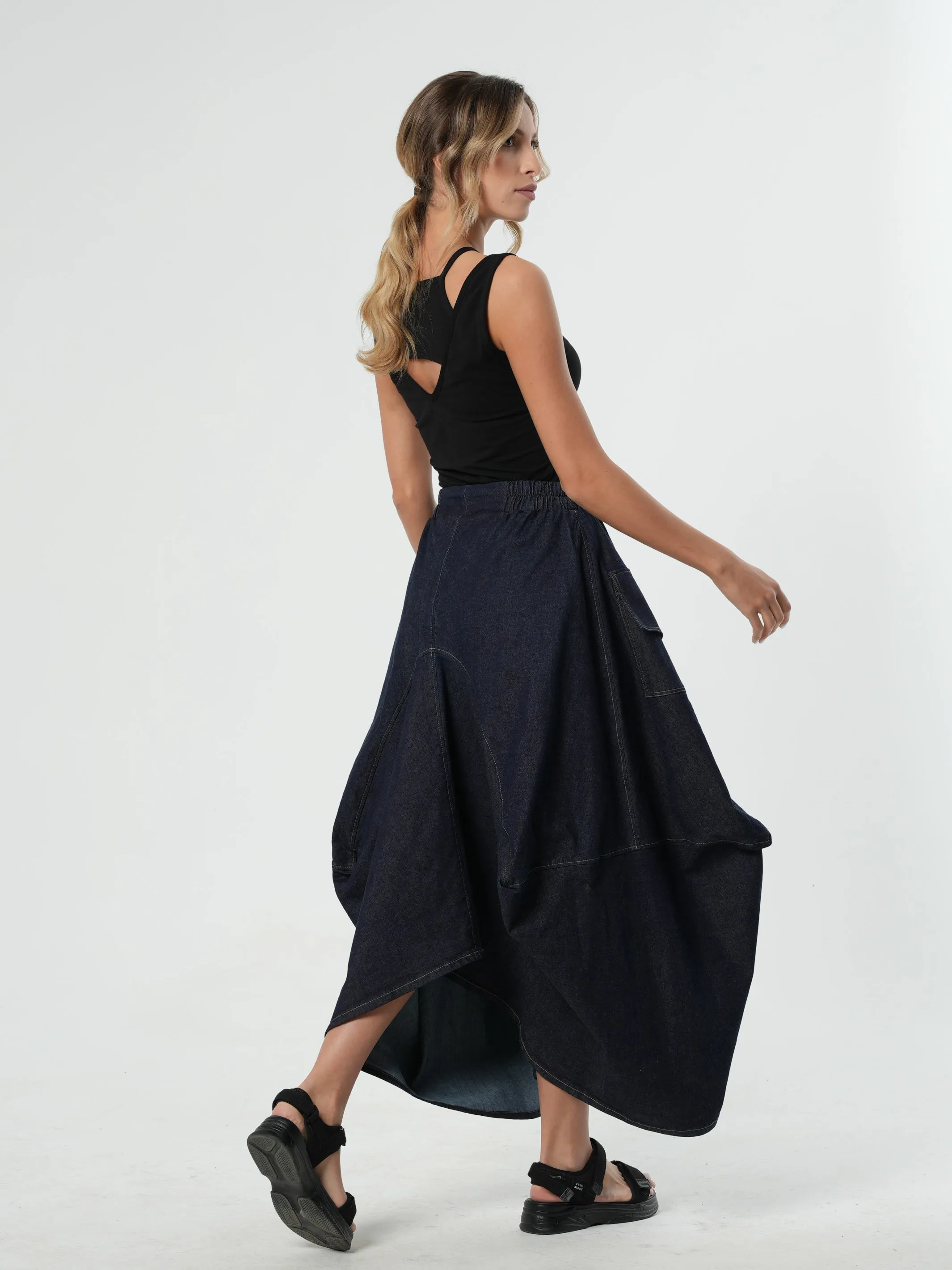 Asymmetrical Long Dark Denim Skirt