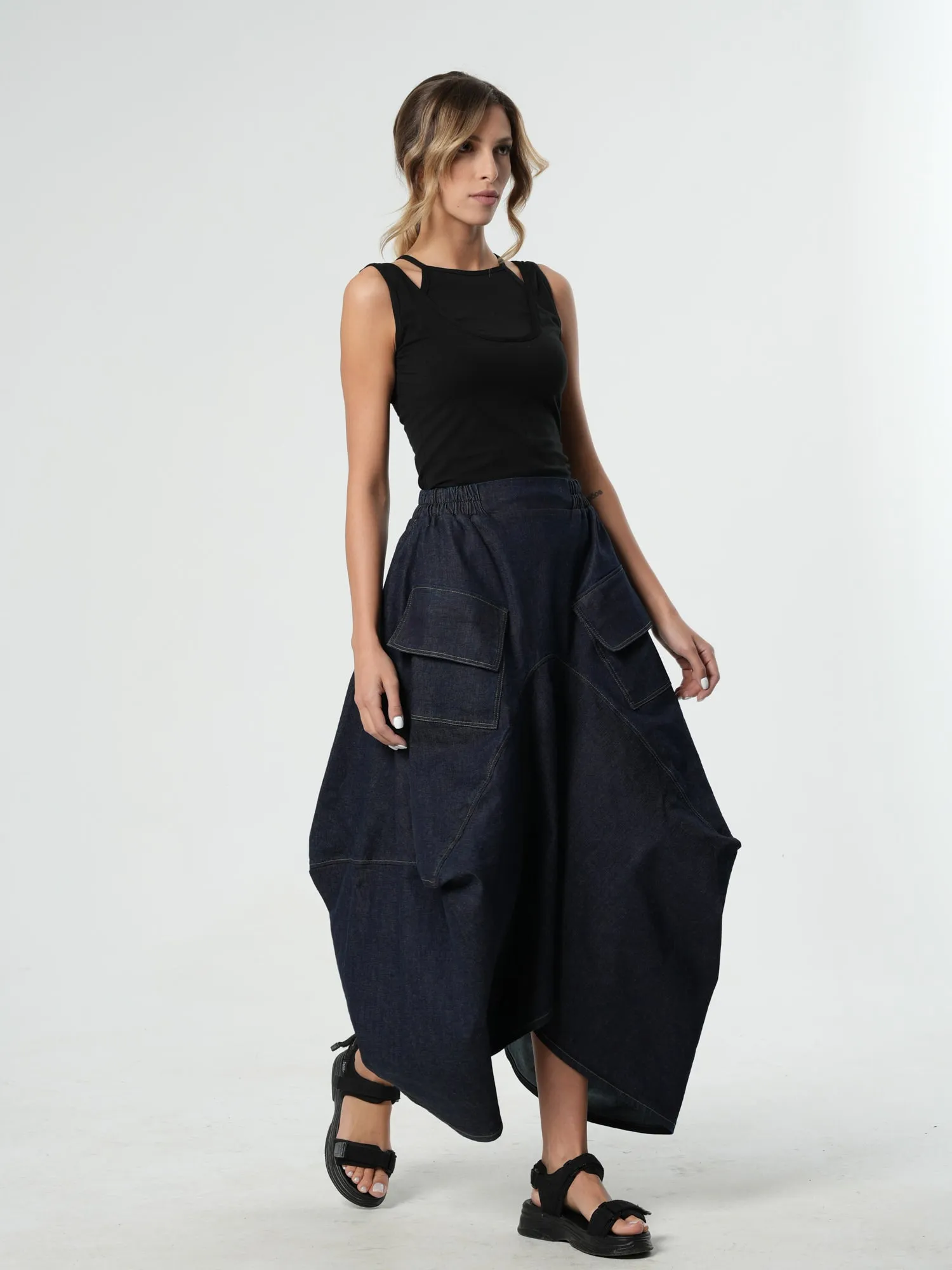 Asymmetrical Long Dark Denim Skirt