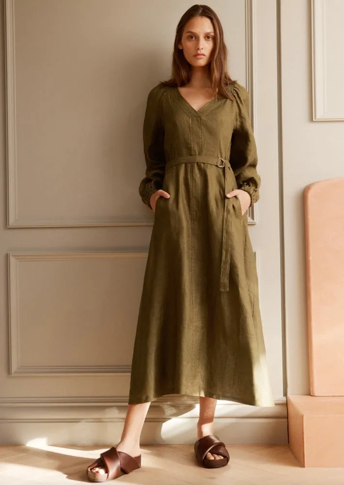 Ava Linen Midi Dress Moss