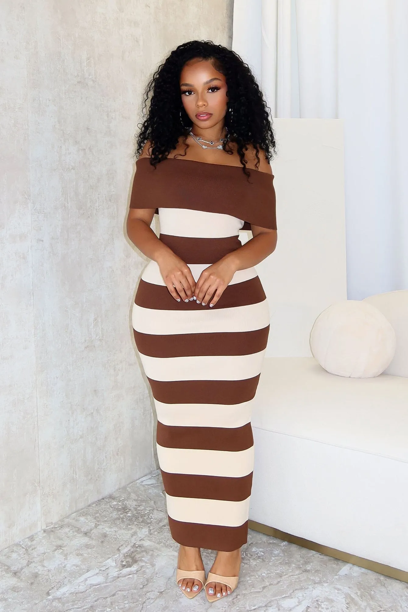 Avery Off Shoulder Sleeveless Striped Maxi Dress