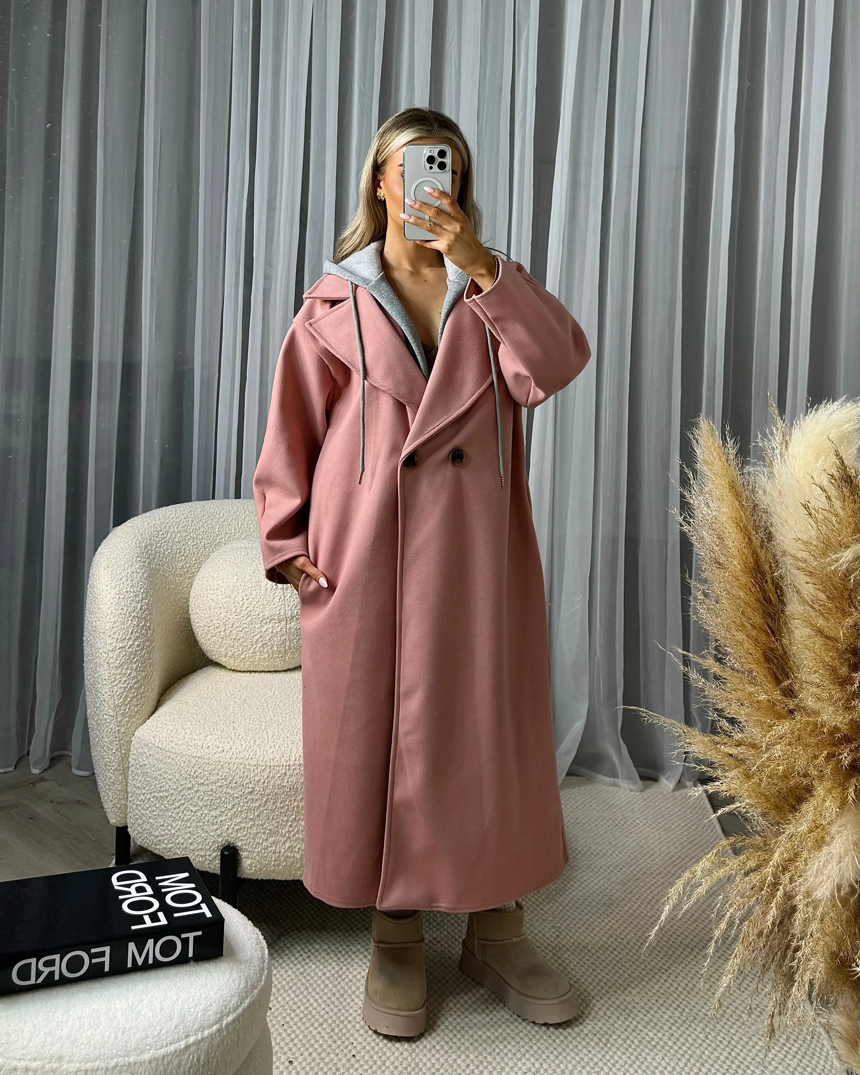 Azalea Hoody Insert Detail Side Pocket Trench Coat - Dusky Pink