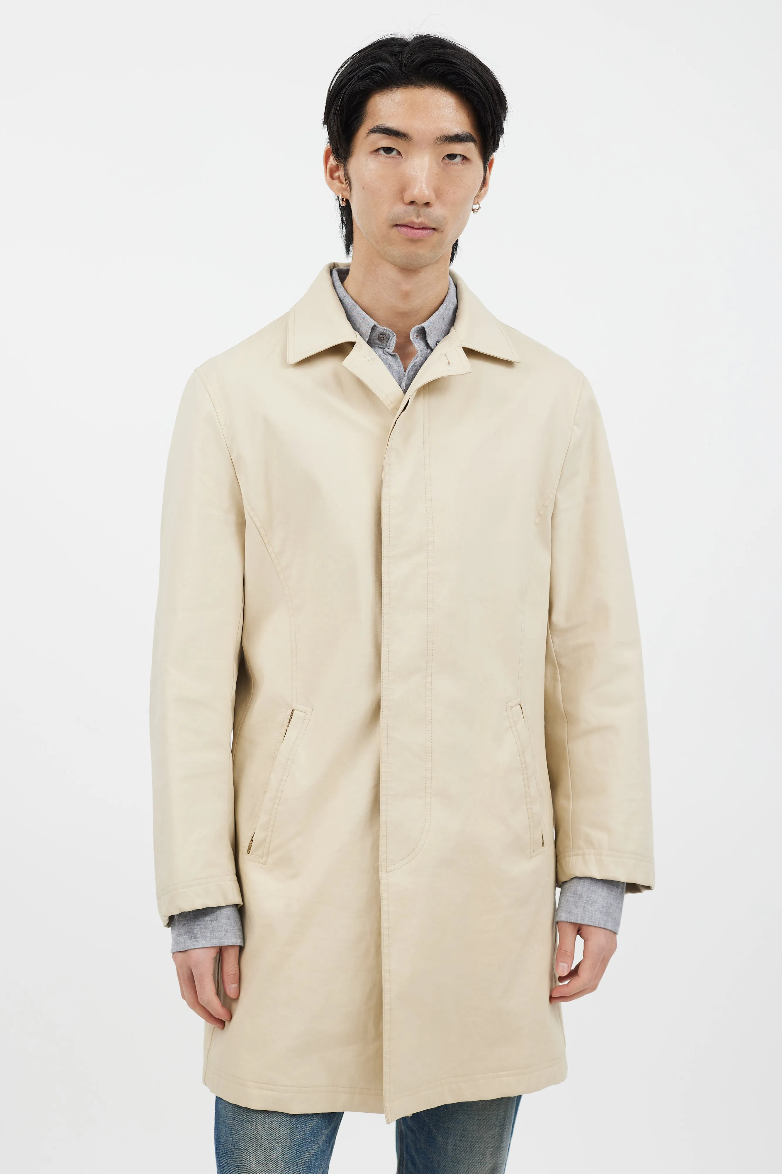 Beige Collared Black Button Trench Coat