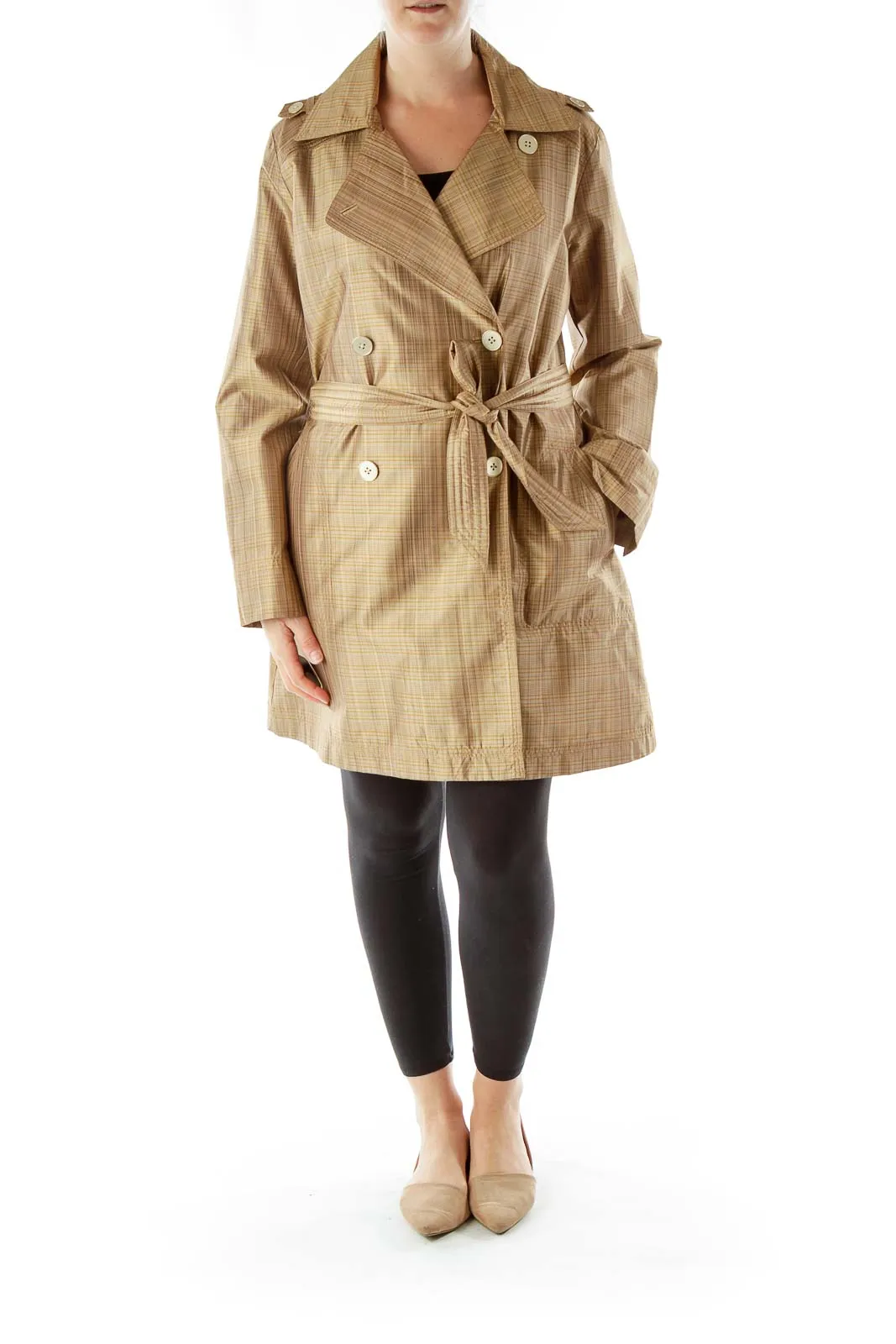 Beige Plaid Silk Trench Coat