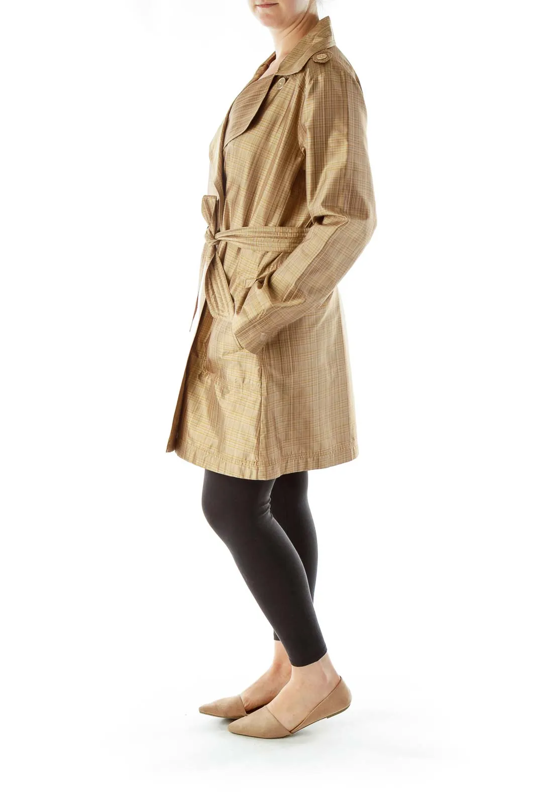 Beige Plaid Silk Trench Coat