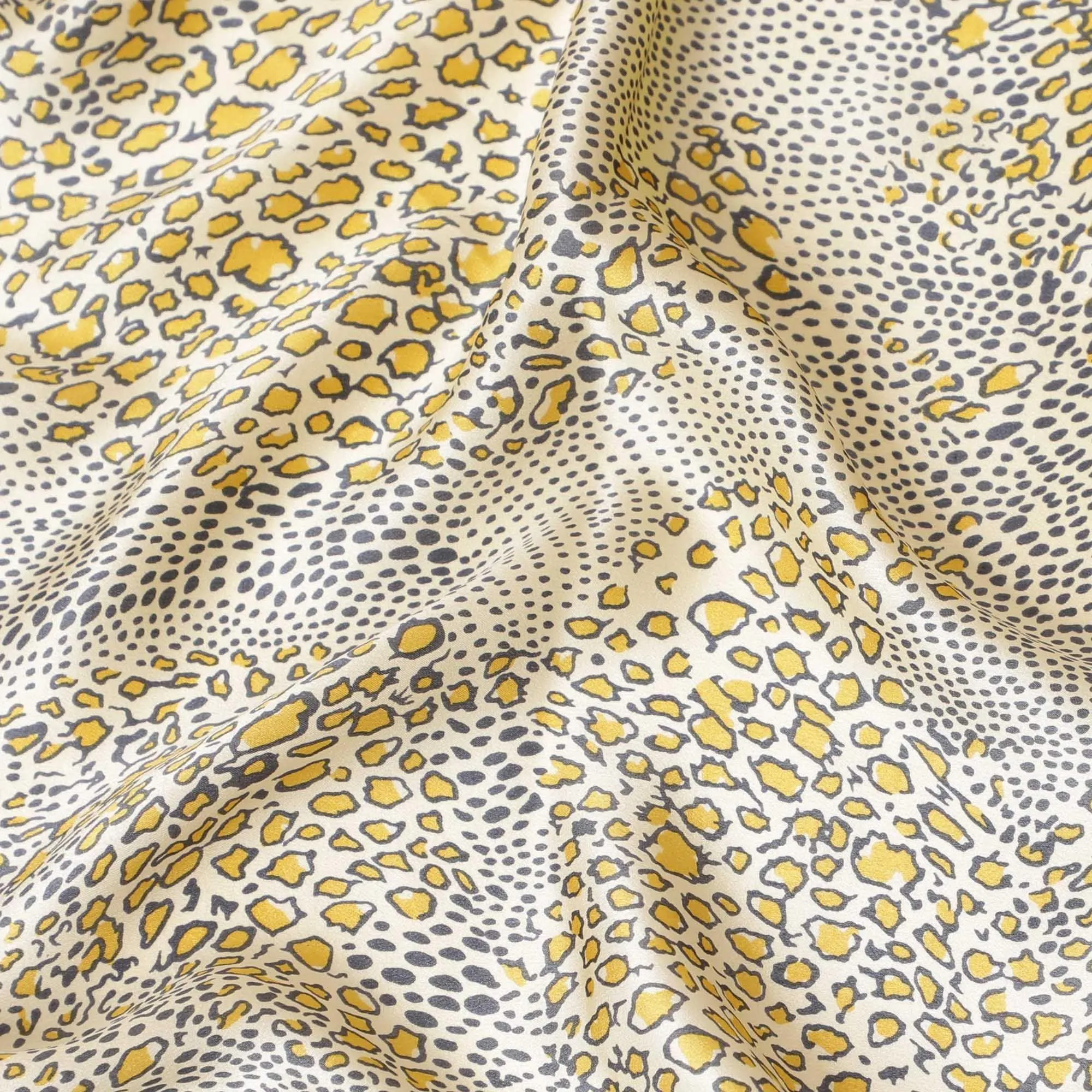 Beige premium 100% Pure silk satin fabric with mustard yellow and stone grey print in animal skin design-D9288