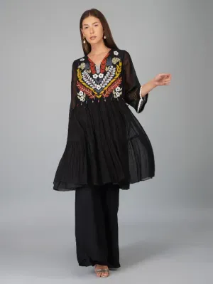 Black Applique Yoke Chanderi Tiered Tunic Set (Set of 3)