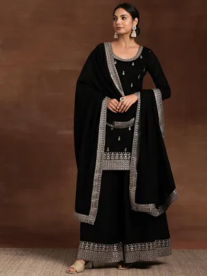 Black Embroidered Silk Blend Straight Suit With Dupatta