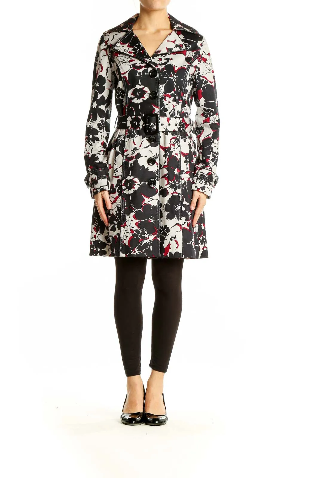 Black Floral Print Trench Coat