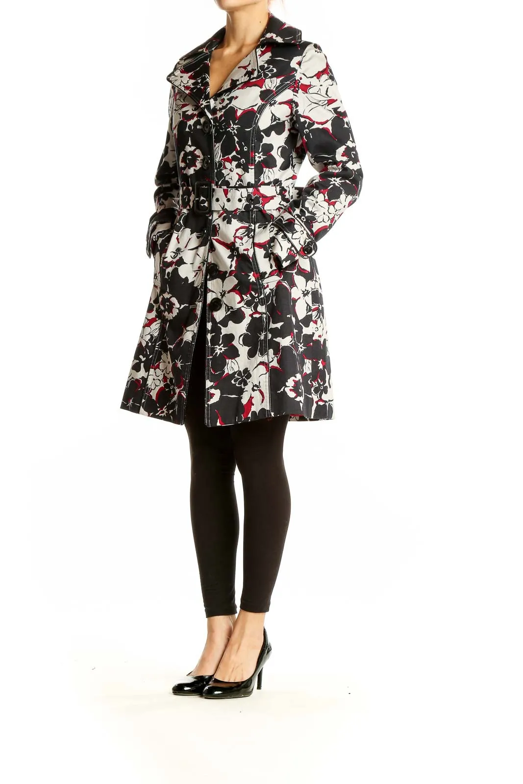 Black Floral Print Trench Coat