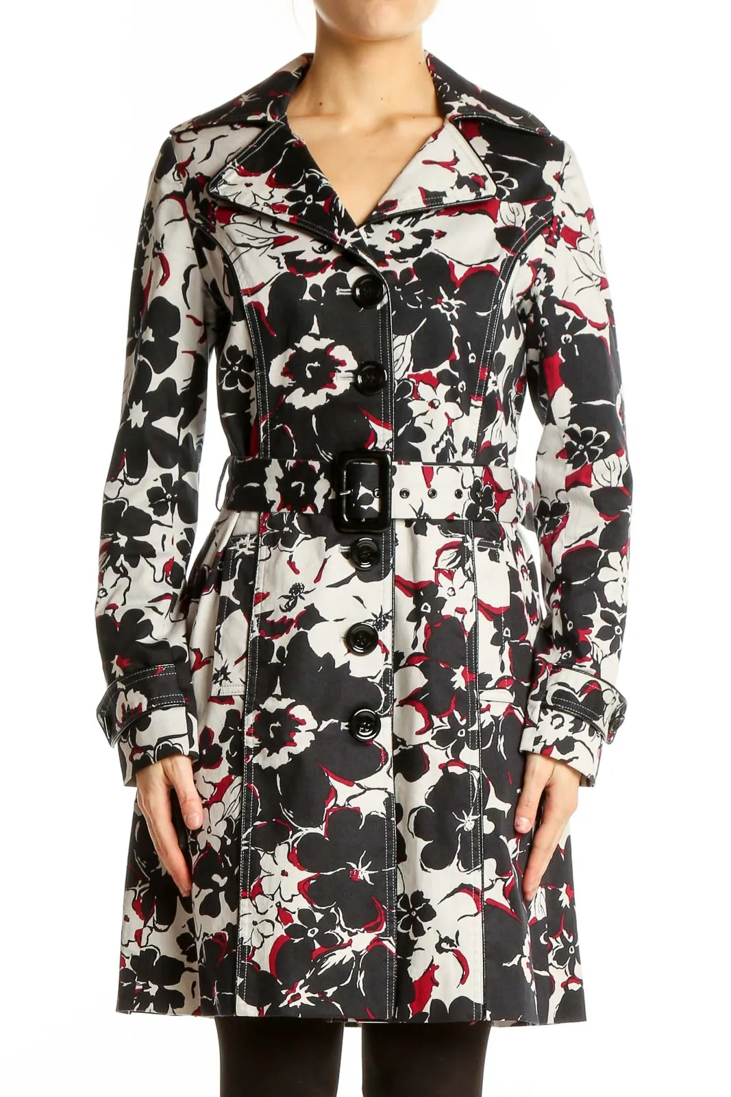 Black Floral Print Trench Coat