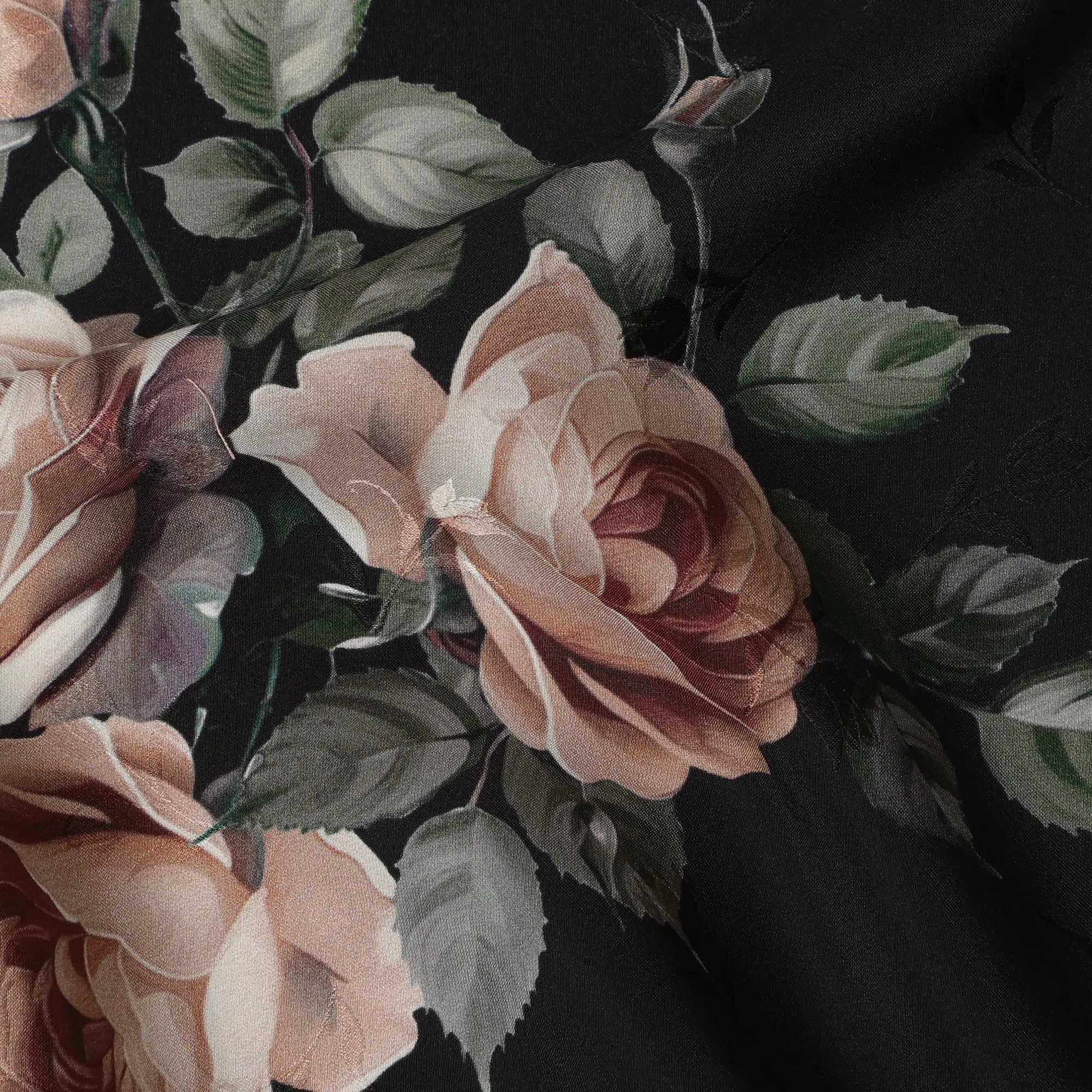 Black Rose Floral Pure Silk Satin Fabric - 140 cm Width, Made in Italy-D20739