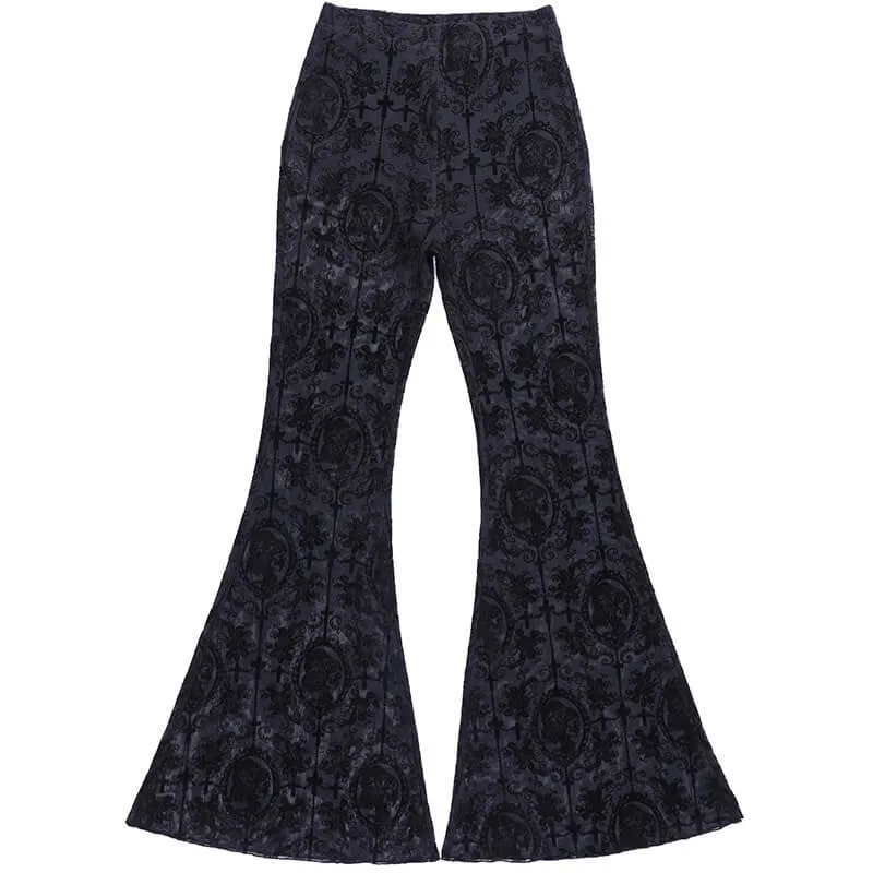 Black Sheer Lace Print High Waisted Flared Pants