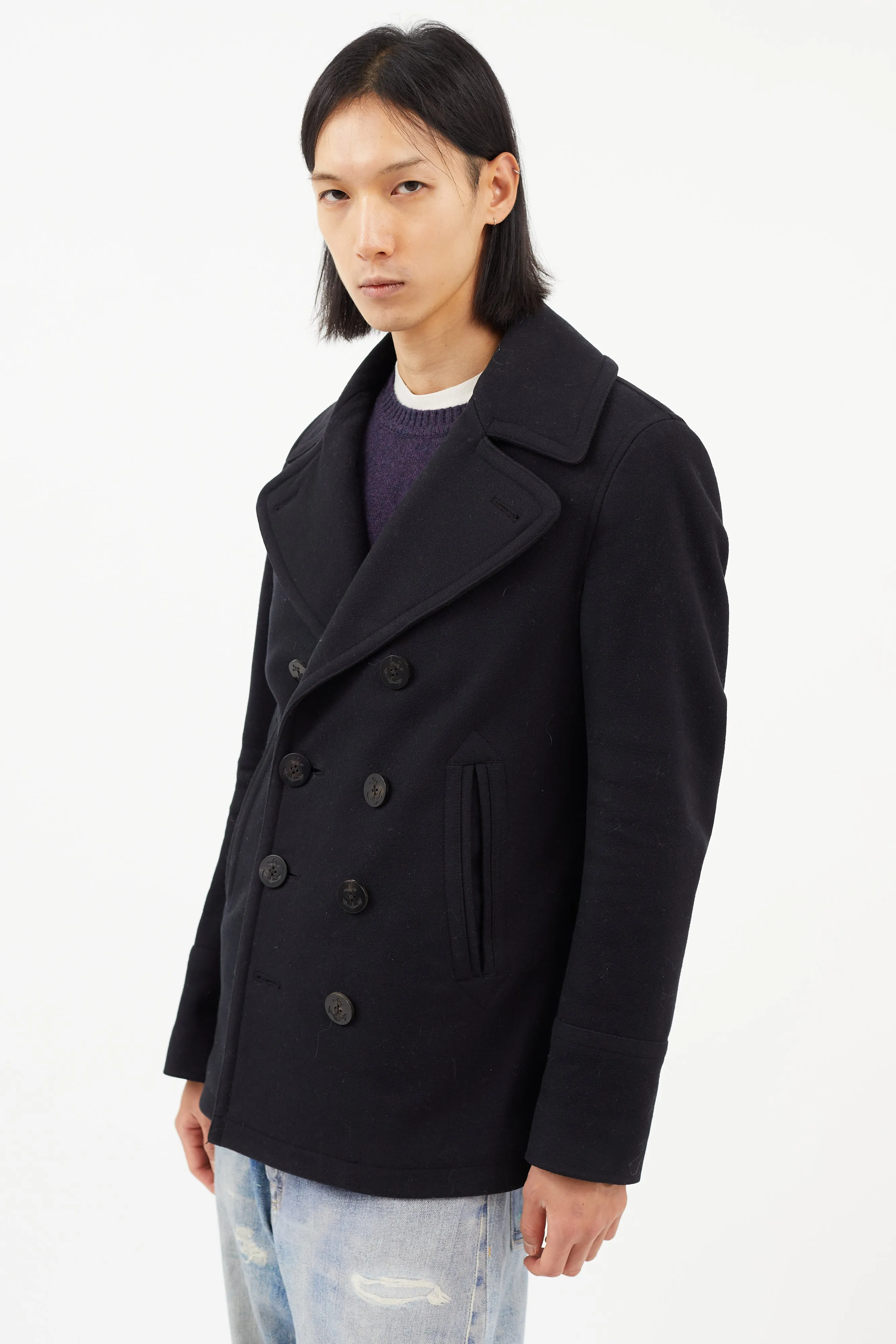 Black Wool Double Breasted Peacoat