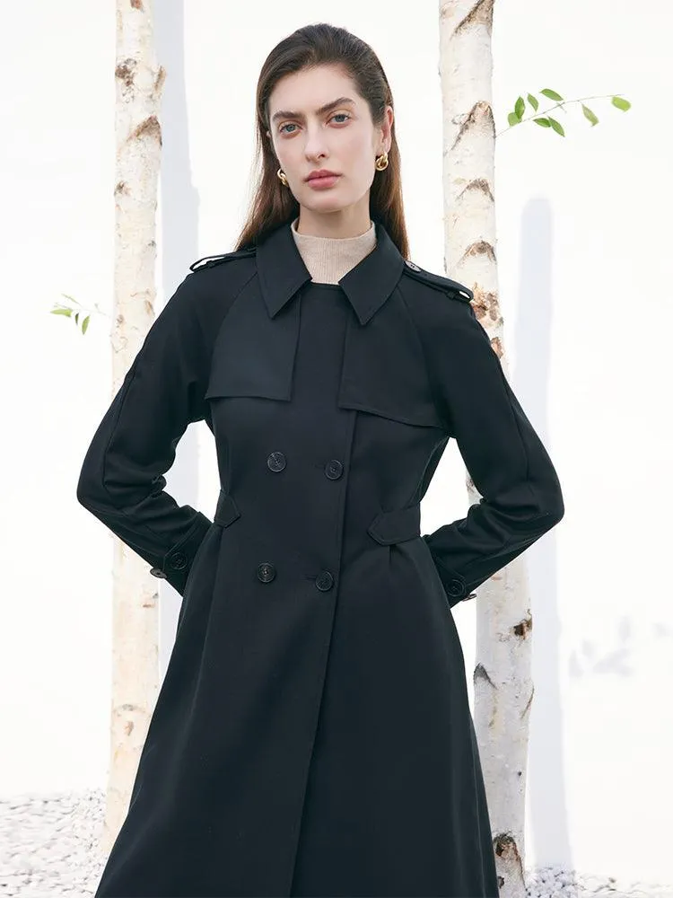 Black Worsted Wool Adjusted Slim Trench Coat