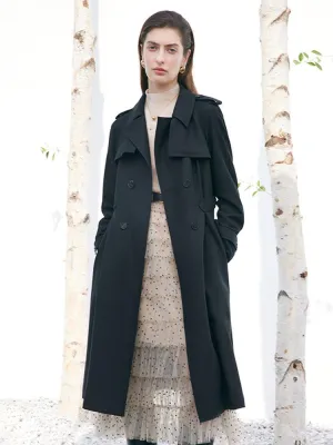 Black Worsted Wool Adjusted Slim Trench Coat