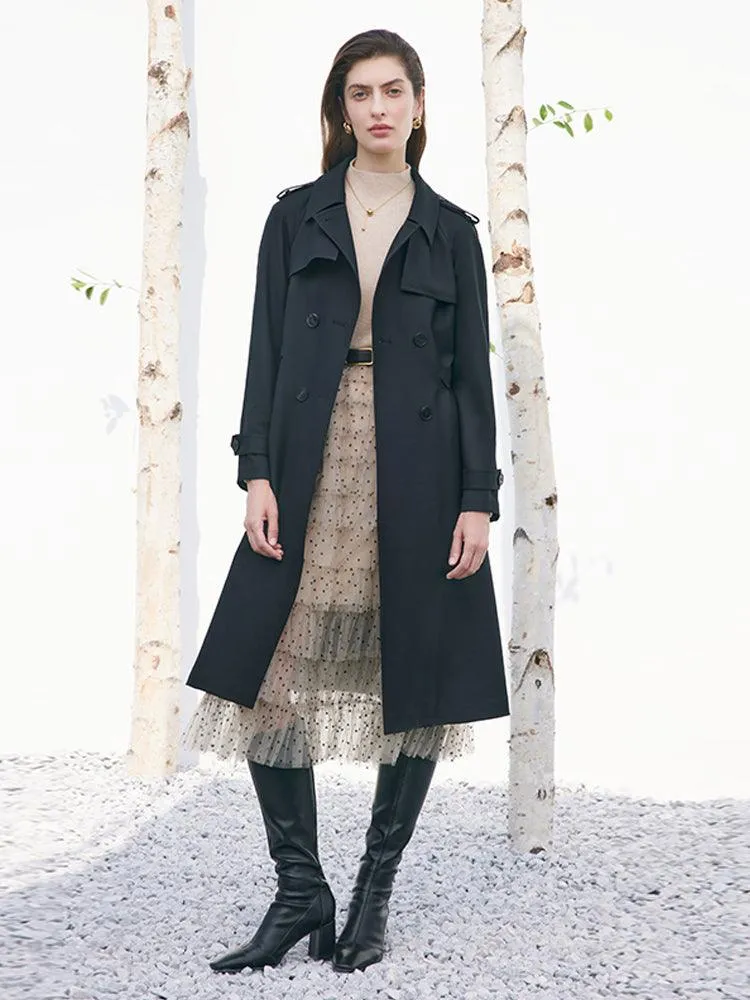 Black Worsted Wool Adjusted Slim Trench Coat