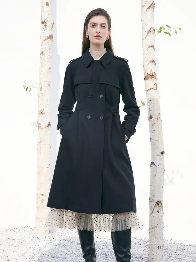 Black Worsted Wool Adjusted Slim Trench Coat