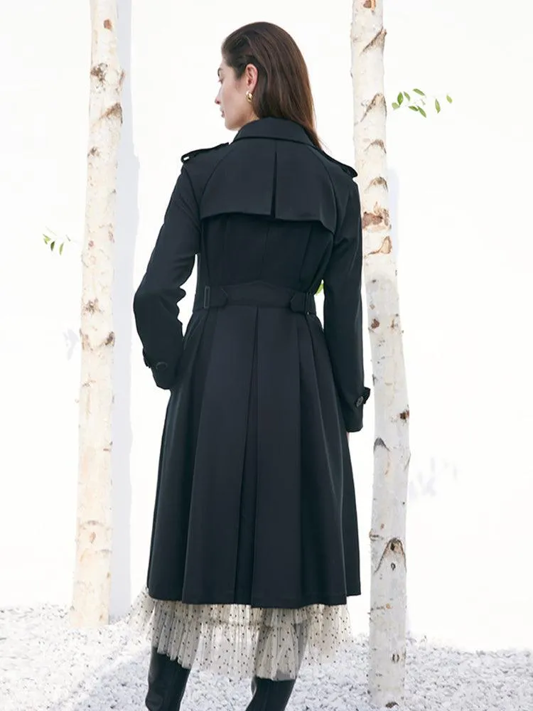 Black Worsted Wool Adjusted Slim Trench Coat