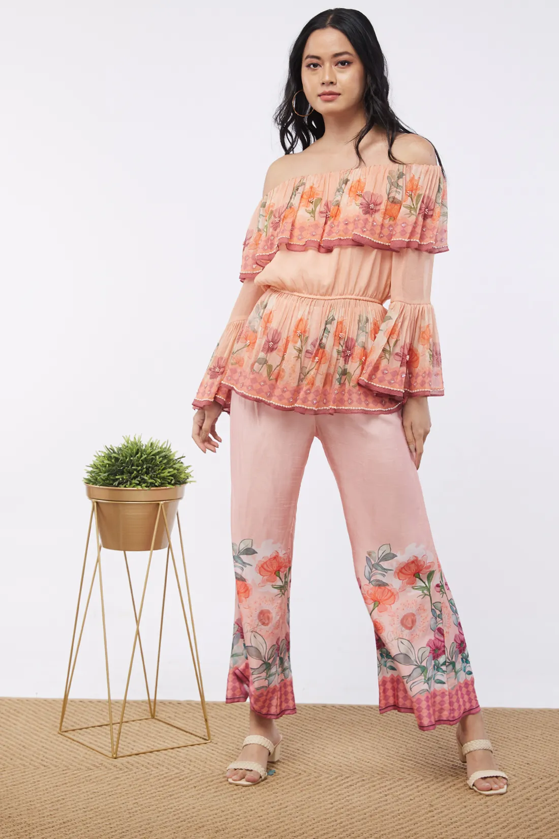 Blooming bud printed Off-Shoulder Embroidered Top With Flared Pants