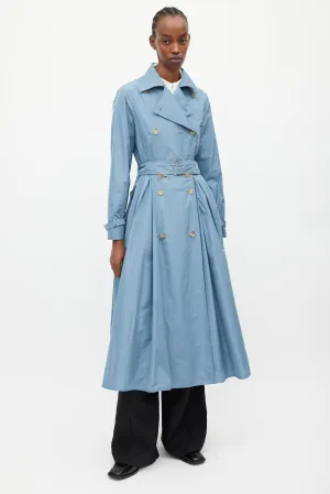 Blue Nylon A-Line Belted Trench Coat