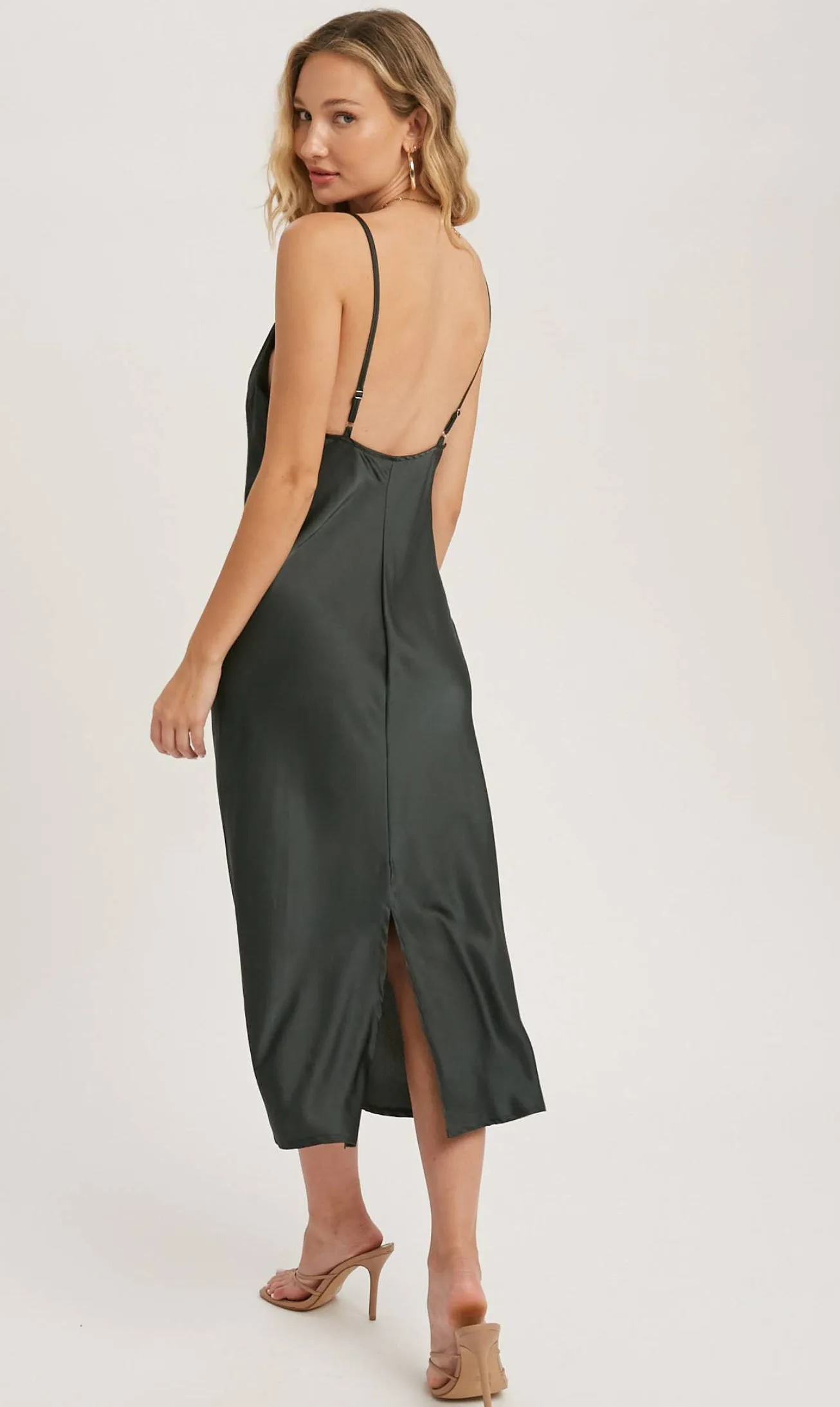 Bluivy Satin Drape Neck MIDI Slip Dress